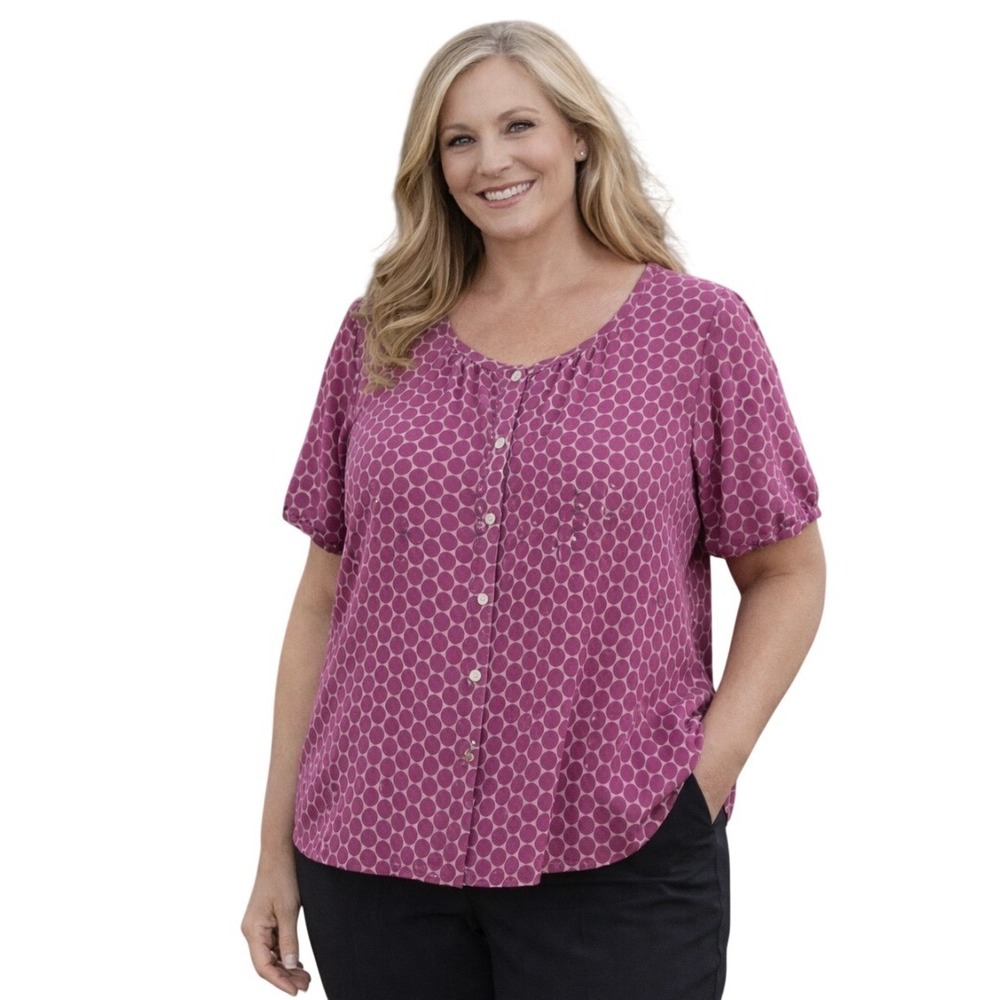 Boden‎ Women Size 16 Pink White Geometric Print Short Sleeve Button Up Blouse